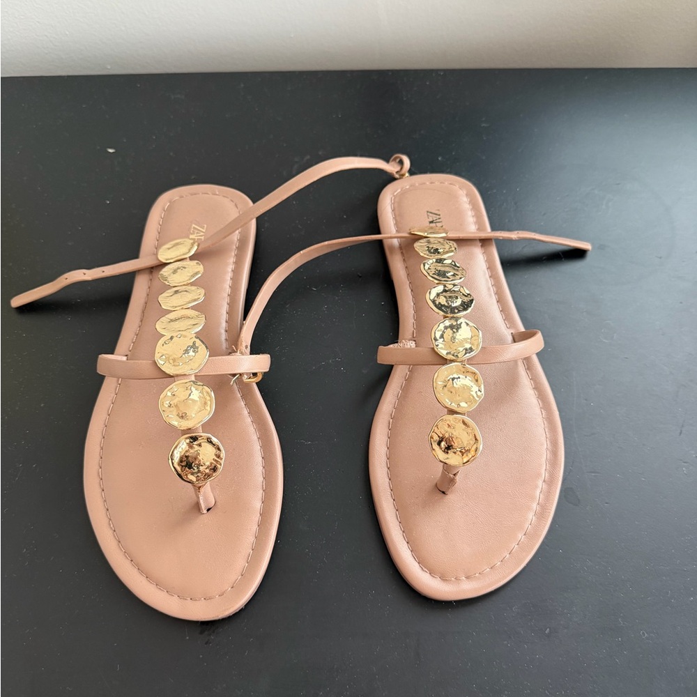 Zara Tan Sandals with Gold Accents